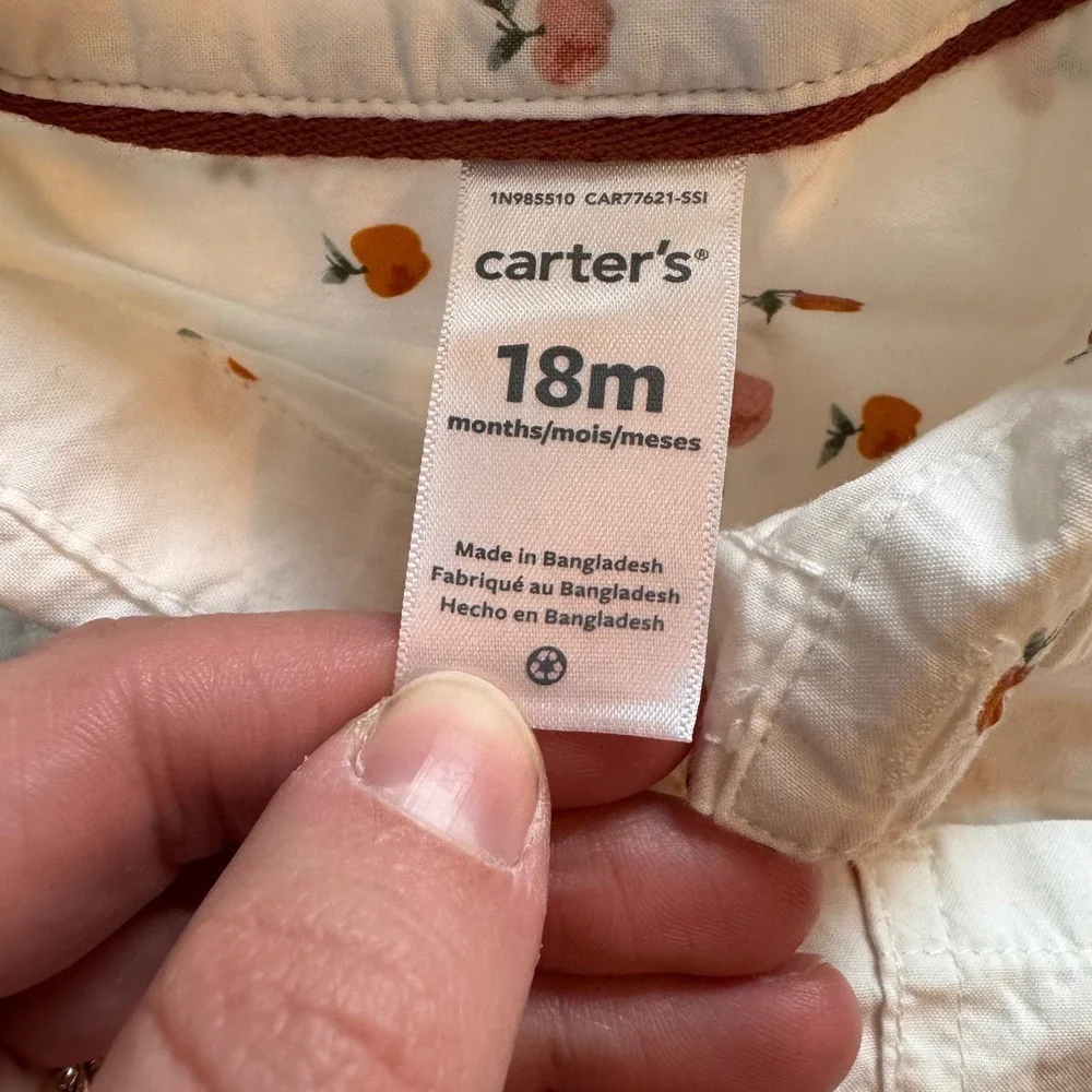Carters 18M White Peach Fruit Print Long Sleeve Button Down Shirt Bodysuit‎